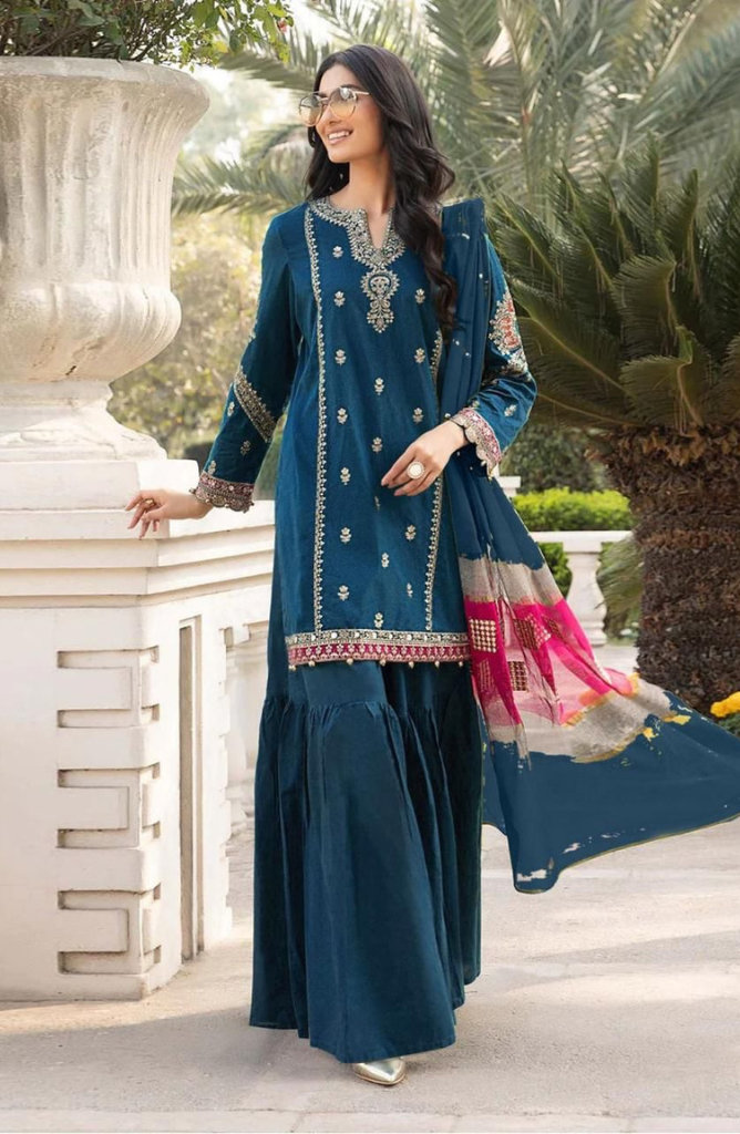 Maria B D#064 – Luxury 3pc Dhanak Suit with Wool Print Shawl