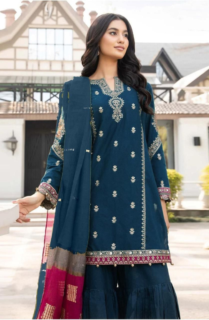 Maria B D#064 – Luxury 3pc Dhanak Suit with Wool Print Shawl