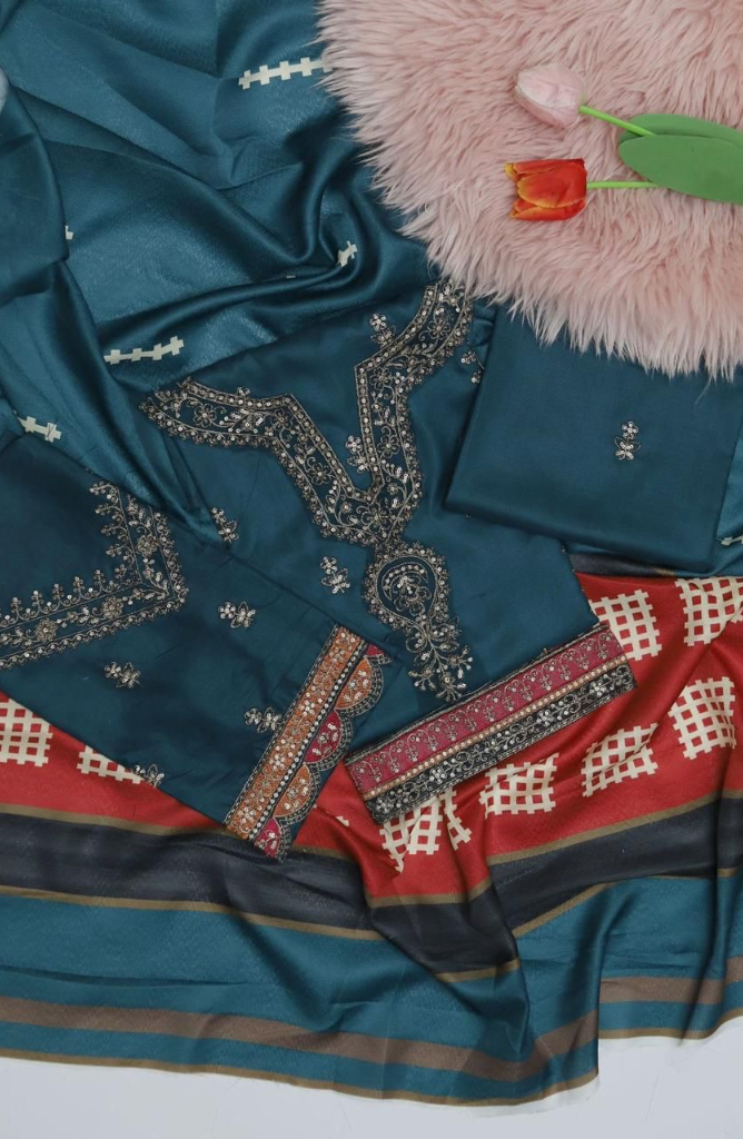Maria B D#064 – Luxury 3pc Dhanak Suit with Wool Print Shawl