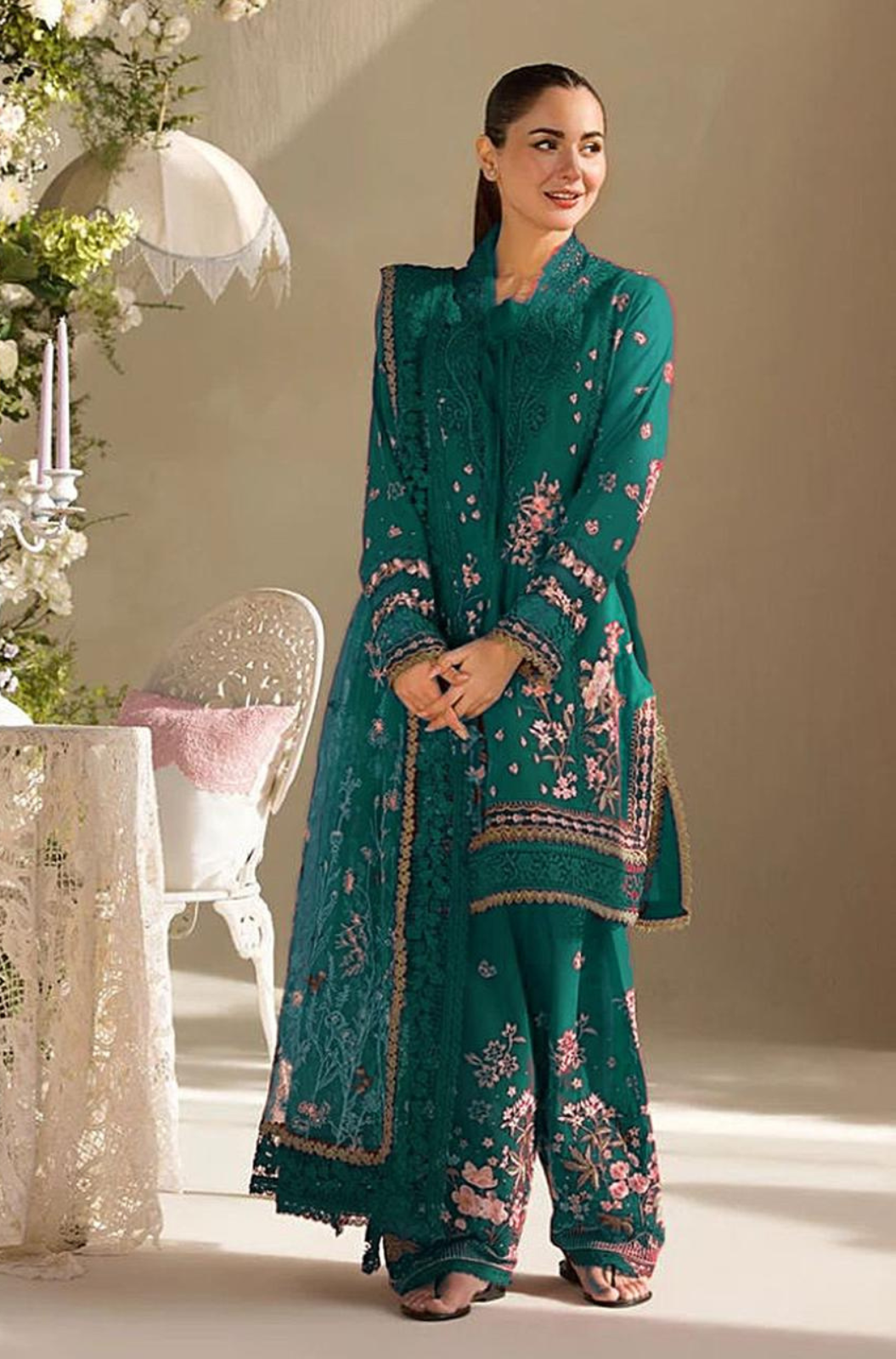 Maria B D#058 – Luxury 3pc Dhanak Suit with Wool Print Shawl